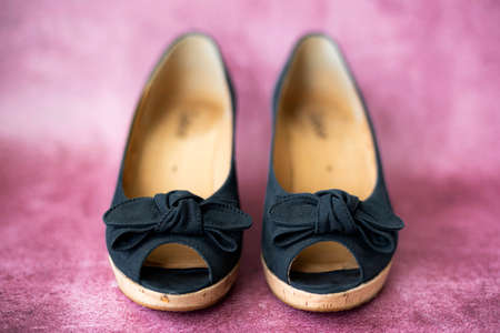 black summer suede women's shoes, front view close-upの写真素材