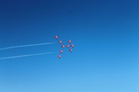 Nine Canadian Snowbirds in the blue sky