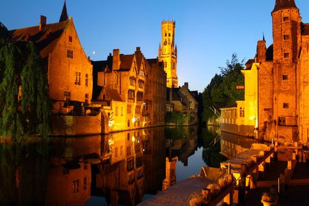 The night waterways of Bruges in Belgiumの写真素材