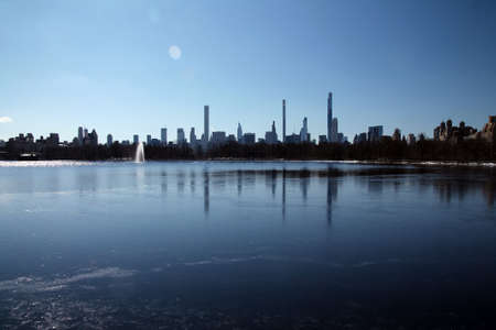 Midtown Manhattan below the iconic reservoir in winter in New York Cityの写真素材