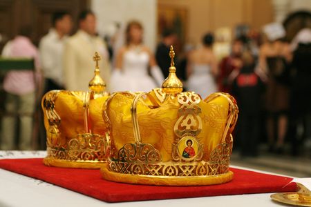 Two orthodox crowns prepared for wedding ceremonyのeditorial素材