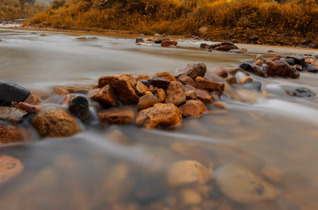 Nature landscape view of a running stream with rocksの写真素材