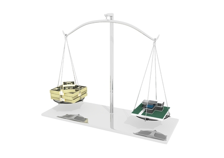 Hanging on the balance of steel - US dollars and model apartment house in equilibrium on a white backgroundの写真素材