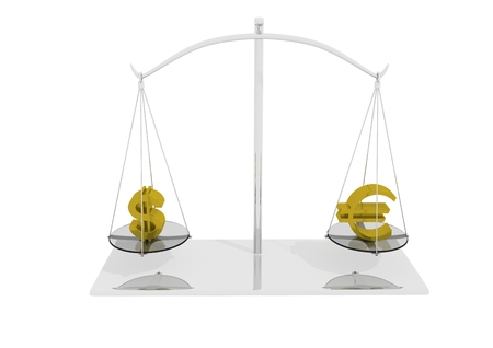 Volumetric symbols dollar and euro on the scales on a white backgroundの写真素材