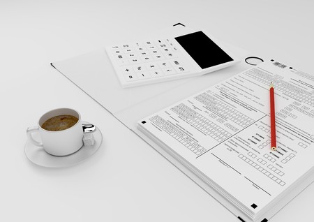 On the desktop, an accountant - a stack of reports, calculator and cup of coffeeの写真素材