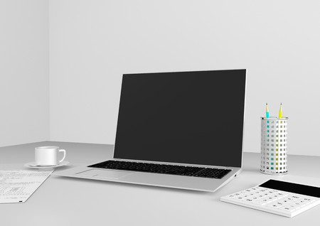 Desk accountant - a cup of coffee, computer, calculator, reportsの写真素材