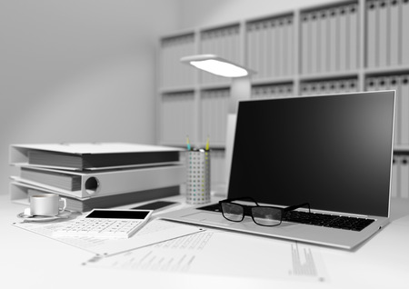 Workplace accountant - computer, calculator, cup of coffeeの写真素材