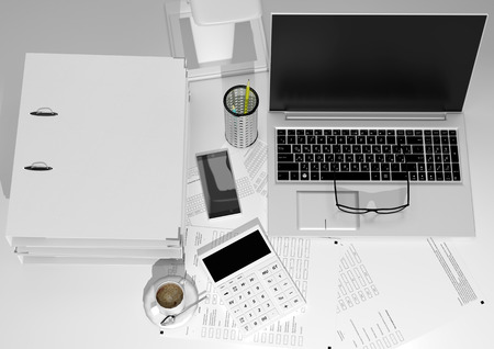 Workplace accountant - computer, calculator, cup of coffeeの写真素材