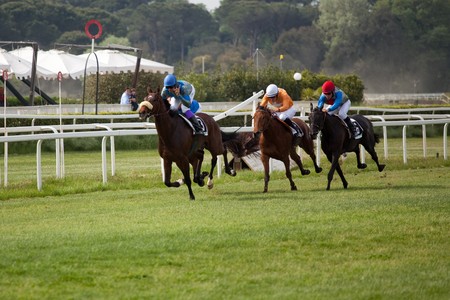 PISA, ITALY - APRIL, 30, 2010: Horse at gallop races at San Rossore's hippodrome, on April 30 2010, Pisa, Italyのeditorial素材