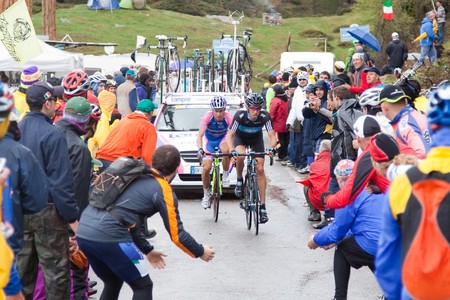 MORTIROLO, SONDRIO, ITALY - 2010 May 28:Cyclists during the 19th stage of 2010 Giro d'Italia on May 28, 2010 on Mortirolo's climb, Sondrio, Italyのeditorial素材