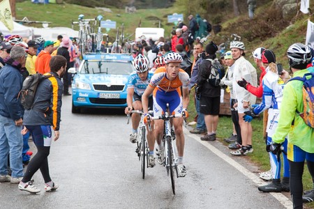 MORTIROLO, SONDRIO, ITALY - 2010 May 28:Cyclists during the 19th stage of 2010 Giro d'Italia on May 28, 2010 on Mortirolo's climb, Sondrio, Italyのeditorial素材