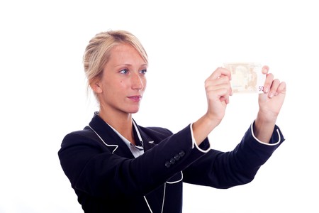 Business Young Woman Look Euro Banknoteの写真素材