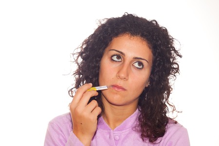 Young Sick Woman Look to Thermometerの写真素材