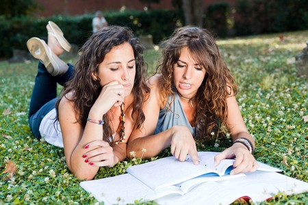 Two Young Woman Study Togheter at Park