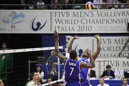 FLORENCE, ITALY - OCTOBER, 06, 2010: FIVB Men's Volleyball World Championship, Bulgaria vs Cuba at Nelson Mandela Forum on Oct 06 2010, Florence, Italyのeditorial素材