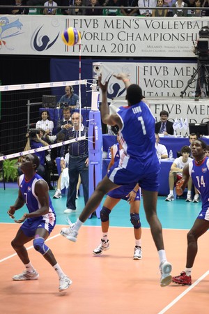 FLORENCE, ITALY - OCTOBER, 06, 2010: FIVB Men's Volleyball World Championship, Bulgaria vs Cuba at Nelson Mandela Forum on Oct 06 2010, Florence, Italyのeditorial素材