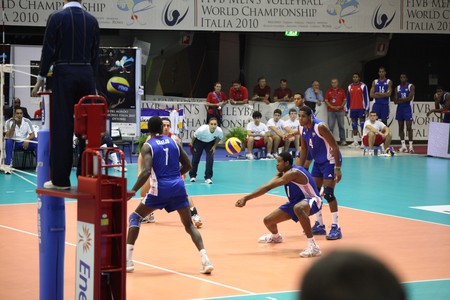 FLORENCE, ITALY - OCTOBER, 06, 2010: FIVB Men's Volleyball World Championship, Bulgaria vs Cuba at Nelson Mandela Forum on Oct 06 2010, Florence, Italyのeditorial素材