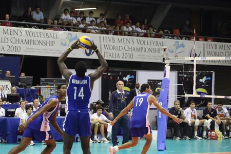 FLORENCE, ITALY - OCTOBER, 06, 2010: FIVB Men's Volleyball World Championship, Bulgaria vs Cuba at Nelson Mandela Forum on Oct 06 2010, Florence, Italyのeditorial素材