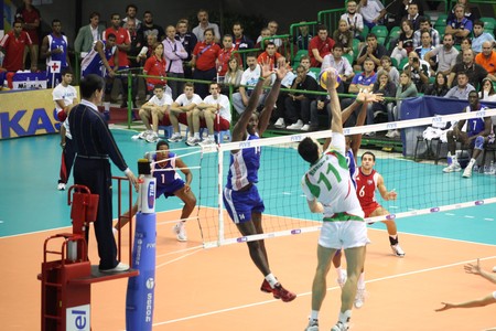 FLORENCE, ITALY - OCTOBER, 06, 2010: FIVB Men's Volleyball World Championship, Bulgaria vs Cuba at Nelson Mandela Forum on Oct 06 2010, Florence, Italyのeditorial素材
