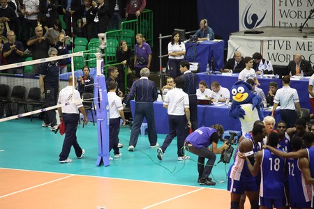 FLORENCE, ITALY - OCTOBER, 06, 2010: FIVB Men's Volleyball World Championship, Bulgaria vs Cuba at Nelson Mandela Forum on Oct 06 2010, Florence, Italyのeditorial素材
