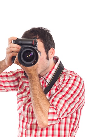 Young Man Photographer Taking Photosの写真素材