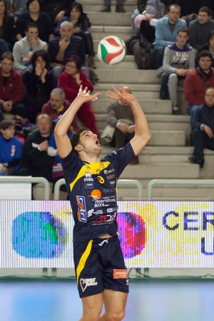 S.GIUSTINO, PERUGIA, ITALY - JANUARY, 2: Volleyball Italian Men's A1 League, RPA S. Giustino vs BCC-Nep Castellana Grotte at PalaKemon on Jan 2 2011, S.Giustino, Italyのeditorial素材