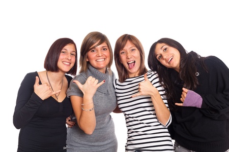 Four Happy Girls Grimacing and Making Hand Signの写真素材
