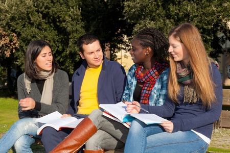 College Students Studying Together at Parkの写真素材