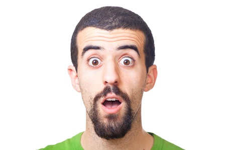 Young Surprised Man Portrait on Whiteの写真素材