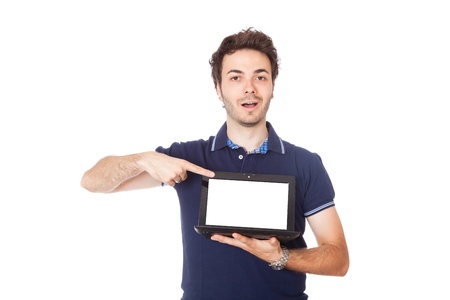 Man Holding Netbook with Blank Screenの写真素材