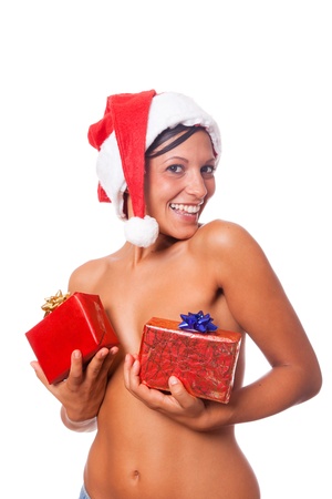 Sexy Topless Woman with Santa Hat and Christmas Giftsの写真素材