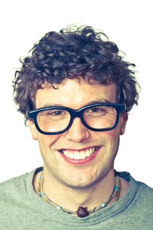 Portrait of Young Nerd on Whiteの写真素材