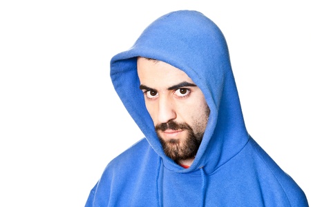 Young Aggressive Man Portrait on Whiteの写真素材