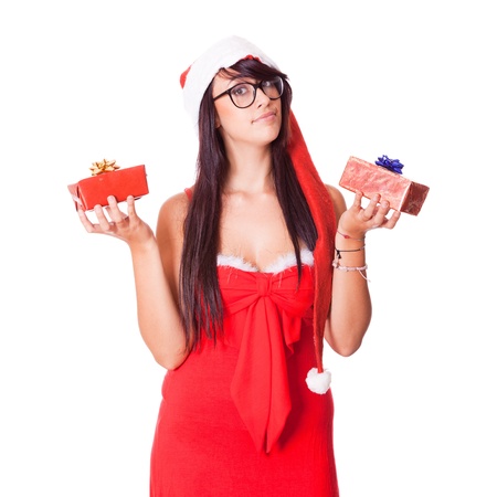 Woman with Santa Hat and Christmas Giftの写真素材