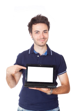 Man Holding Netbook with Blank Screenの写真素材