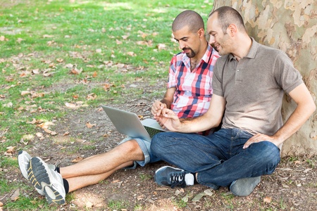 Two Men Working with Computer at Parkの写真素材
