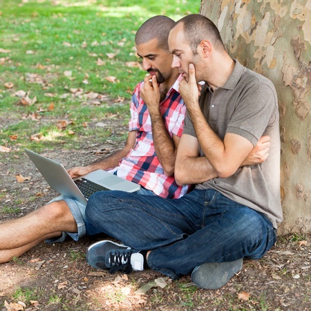 Two Men Working with Computer at Parkの写真素材