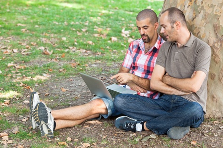 Two Men Working with Computer at Parkの写真素材