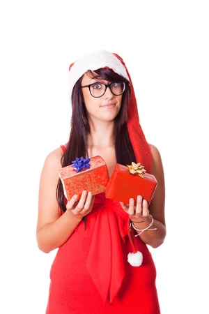 Woman with Santa Hat and Christmas Giftの写真素材