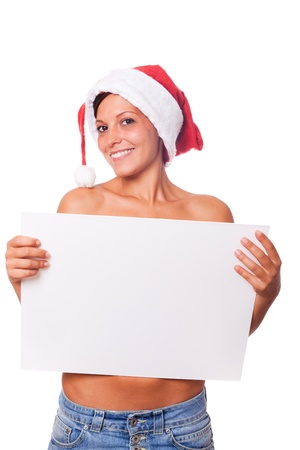 Sexy Woman with Santa Hat Holding Blank Boardの写真素材