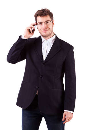 Young Businessman with Smartphone on Whiteの写真素材