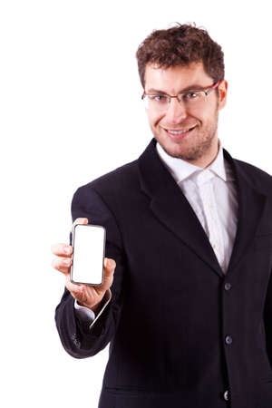 Young Businessman with Smartphone on Whiteの写真素材