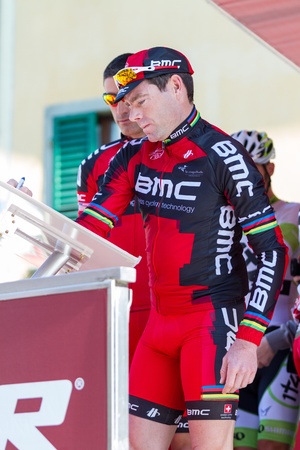 SIENA, ITALY - MARCH 03: Cadel Evans before the 2012 Edition of Strade Bianche, bicycle race across tuscan hills, in March 03, 2012 in Siena, Italyのeditorial素材