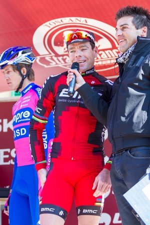 SIENA, ITALY - MARCH 03: Cadel Evans before the 2012 Edition of Strade Bianche, bicycle race across tuscan hills, in March 03, 2012 in Siena, Italyのeditorial素材