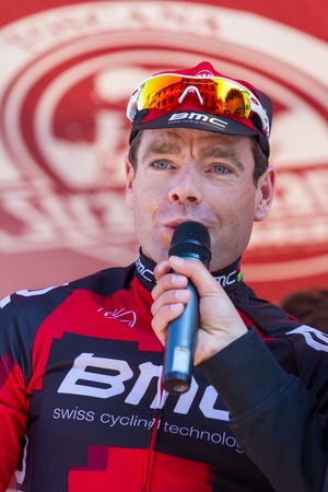 SIENA, ITALY - MARCH 03: Cadel Evans before the 2012 Edition of Strade Bianche, bicycle race across tuscan hills, in March 03, 2012 in Siena, Italyのeditorial素材