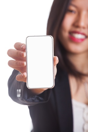 Young Chinese Woman Showing a Smartphoneの写真素材