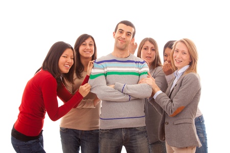 Young Handsome Man with Many Girls Aroundの写真素材