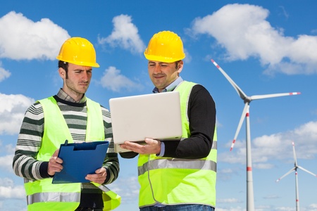 Two Engineers in a Wind Turbine Power Stationの写真素材