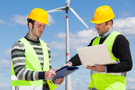 Two Engineers in a Wind Turbine Power Stationの写真素材