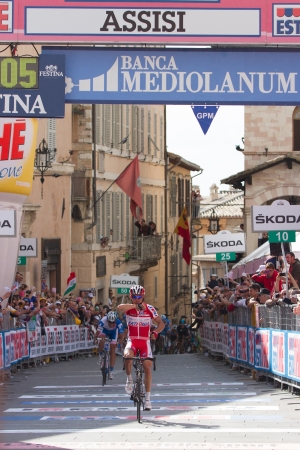 ASSISI, PERUGIA, ITALY - MAY 15: Joaquin Rodriguez, Team Katusha, wins the final sprint of the 10th stage of 2012 Giro d'Italia on May 15, 2012 in Assisi, Perugia, Italyのeditorial素材